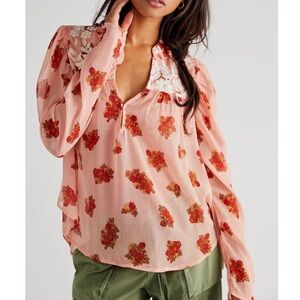 Free People Peach Floral Embroidered Blouse